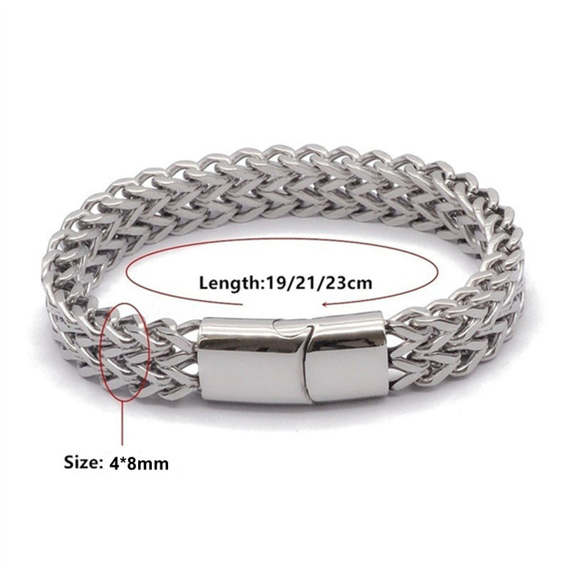 Fish Scale Titanium Steel Magnetic Bracelet – silver wheat chain with size annotations 19/21/23cm, white background product shot