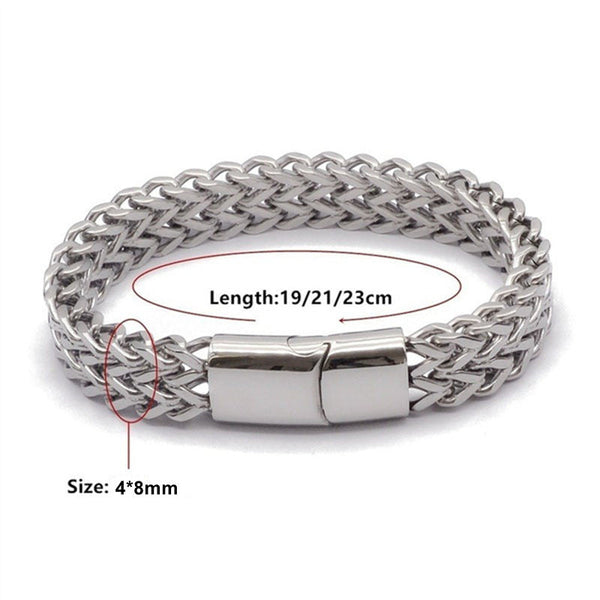 Fish Scale Titanium Steel Magnetic Bracelet – silver wheat chain with size annotations 19/21/23cm, white background product shot