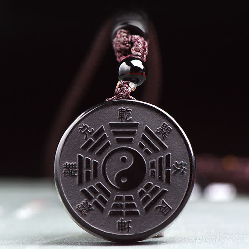 Black Obsidian Bagua Yin Yang Pendant - Polished black obsidian disc with bagua trigrams, obsidian pendant