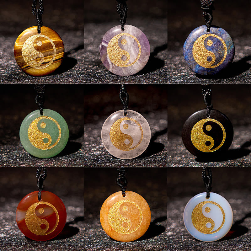 Yin Yang Crystal Necklace – Nine crystal pendants grid showing tiger eye, amethyst, lapis, aventurine, quartz, obsidian, carn