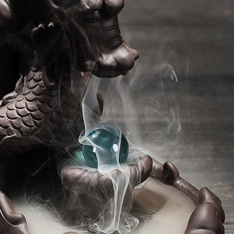 Dragon Incense Burner - Dragon claw holding glowing sphere smoke detail, Peace