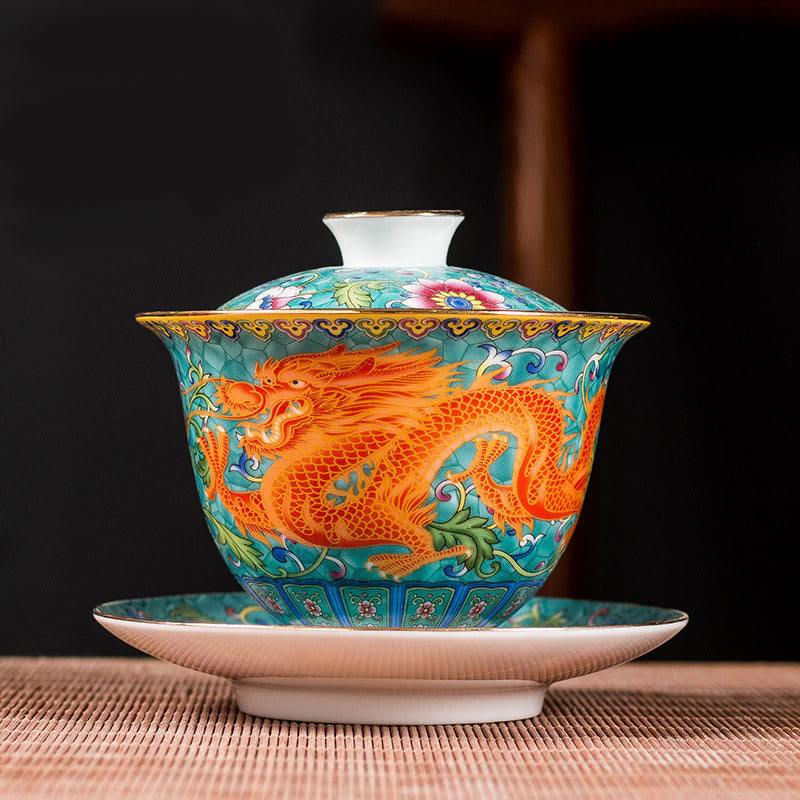 Dragon Phoenix Flower Gaiwan Tea Set – Turquoise dragon gaiwan with five-clawed imperial dragon, enamel and gold
