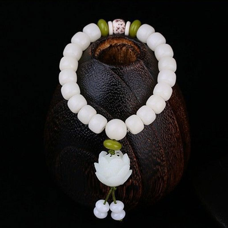 Natural White Bodhi Seed Bracelet – Drum-shaped beads with olive green spacers and carved lotus charm, zen jewelry