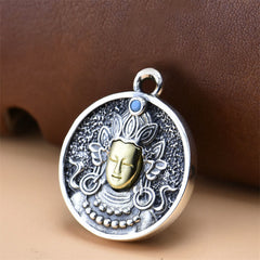 925 Sterling Silver Green Tara Necklace - Close-up round pendant with blue gem detail, spiritual amulet