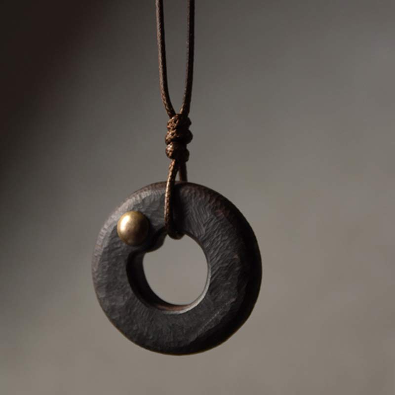 Dark Wood Pendant Necklace - round disc with brass bead accent on brown leather cord, minimalist artisan jewelry