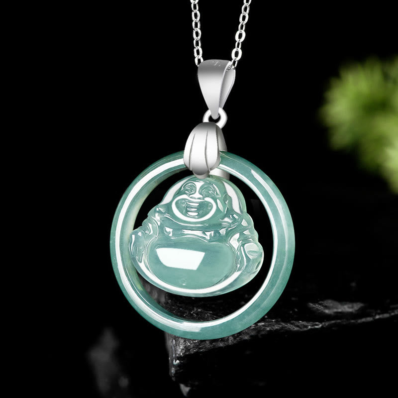 Jade Round Laughing Buddha Abundance Necklace – Happy Buddha belly relief, luck jade pendant jewelry