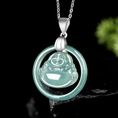 Jade Round Laughing Buddha Abundance Necklace – Happy Buddha belly relief, luck jade pendant jewelry