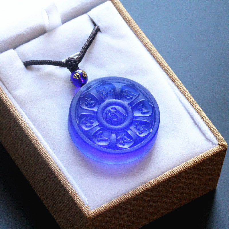 Liuli Manjusri Lotus Necklace - blue meditation amulet in burlap gift box, wisdom
