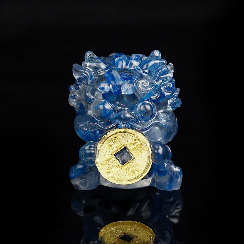 Handmade PiXiu Crystal – Blue crystal front view on black, feng shui figurine