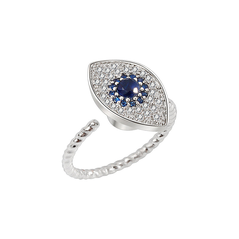 Evil Eye Rotatable Ring – Gold evil eye ring with blue sapphire center, pave diamonds, rope band