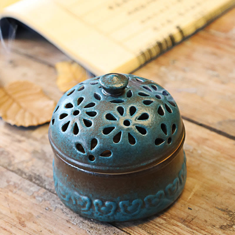 Mini Ceramic Incense Burner - Rustic teal censer on weathered wood, autumn leaves, mindful living
