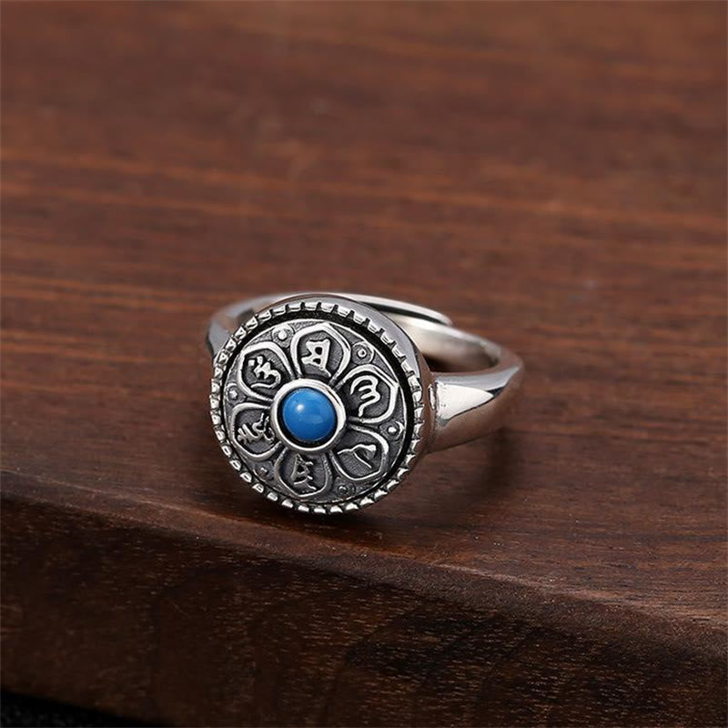 Tibetan Om Mani Padme Hum Ring – Blue stone on carved wood, Tibetan ring