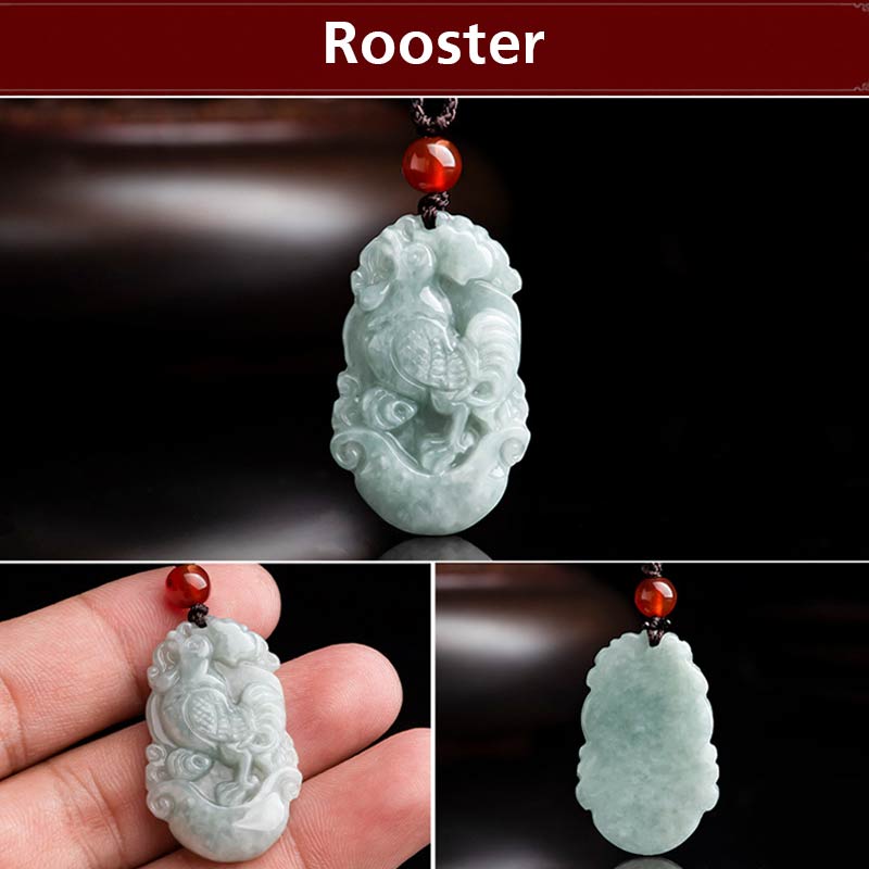 Natural Jade Chinese Zodiac Pendant – Rooster with flowing tail feathers, confidence