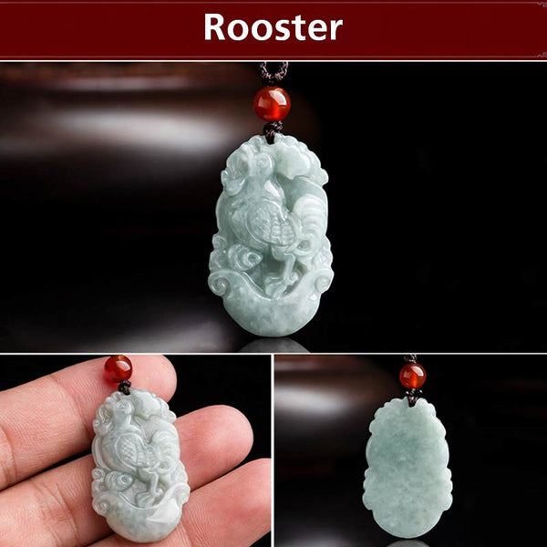 Natural Jade Chinese Zodiac Pendant – Rooster with flowing tail feathers, confidence