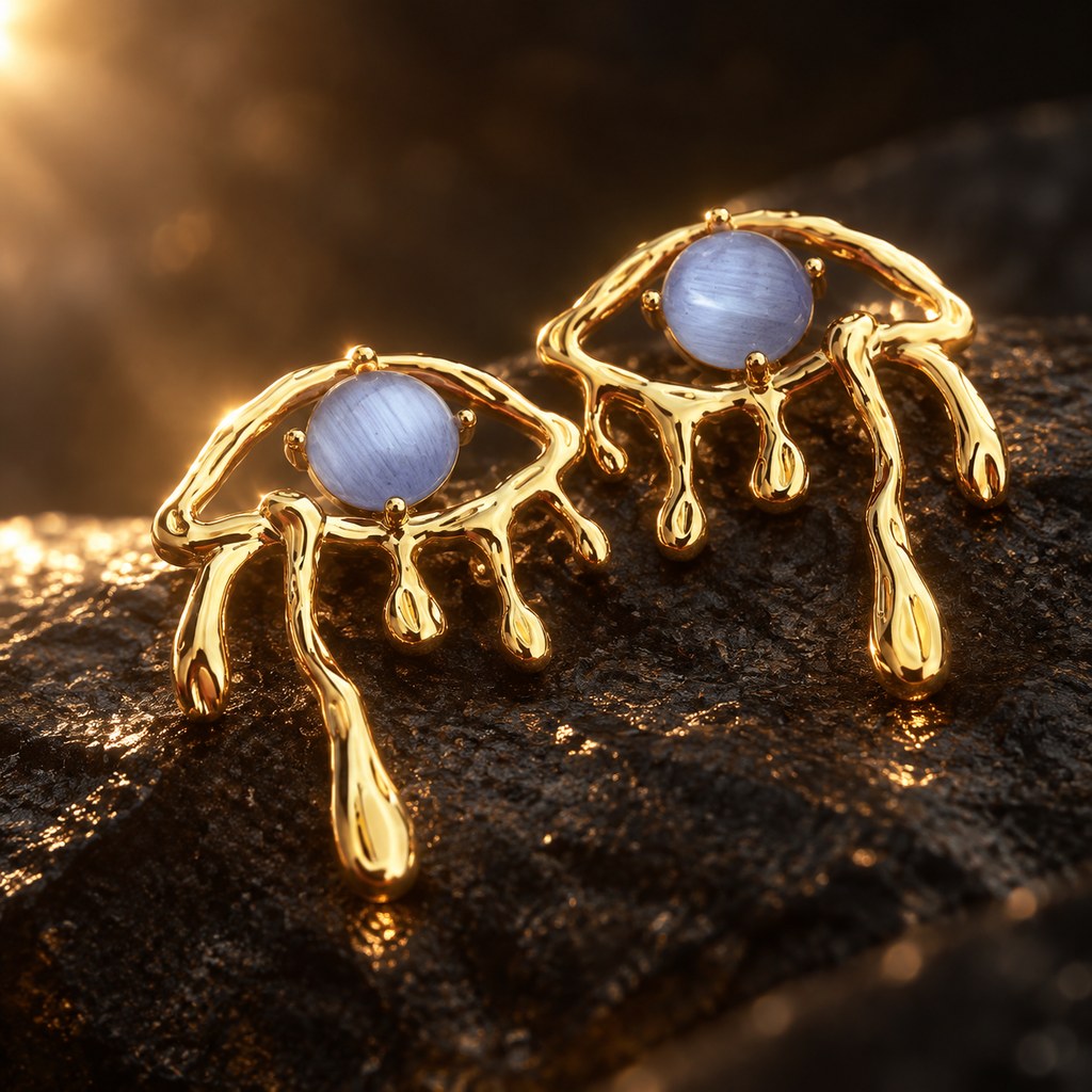 Gold Blue Cat's Eye Drip Earrings - Back or side view showing the earring hardware and gold-plated surface