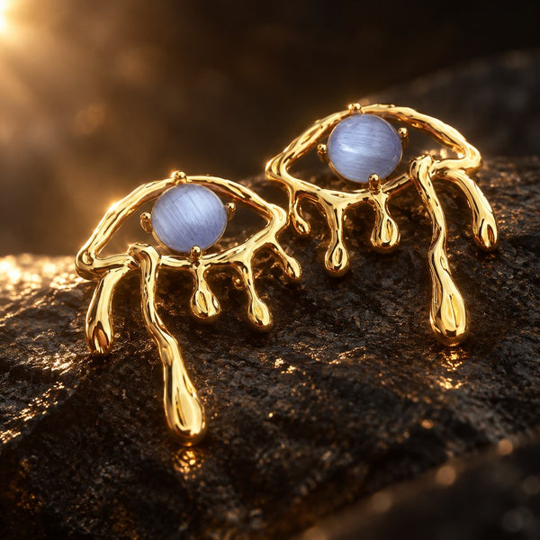 Gold Blue Cat's Eye Drip Earrings - Back or side view showing the earring hardware and gold-plated surface