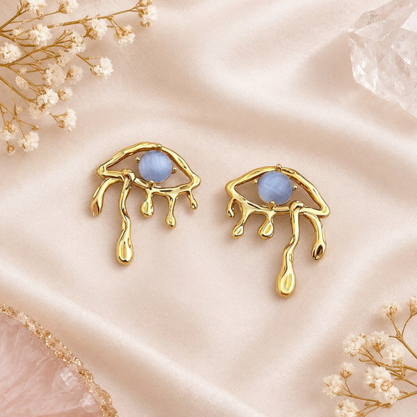 Gold Blue Cat's Eye Drip Earrings - Flat lay of the pair showing both gold frames and blue stones, product display