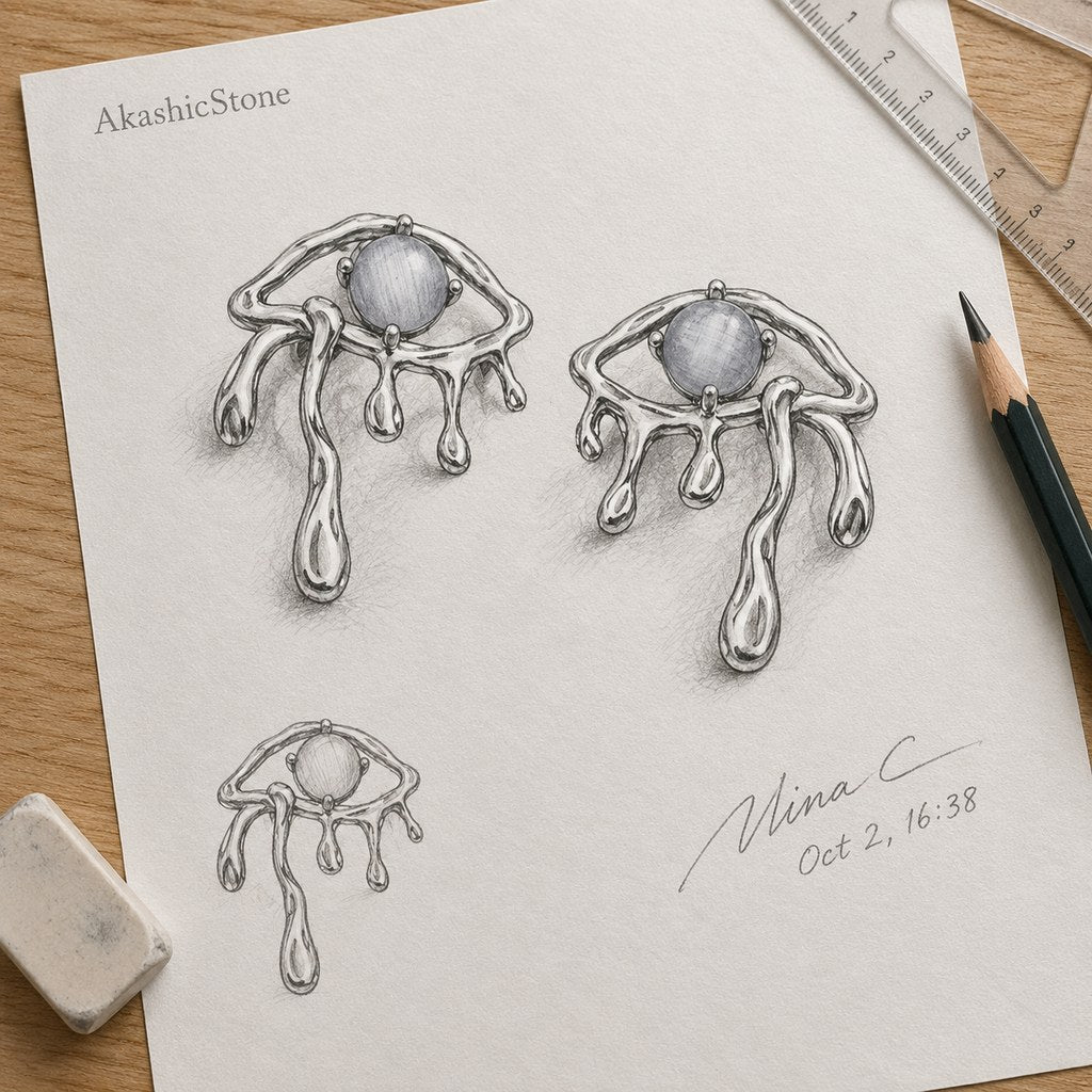 Gold Blue Cat's Eye Drip Earrings - Pencil sketch of the drop earring design, gold frame and blue stone, design drawing