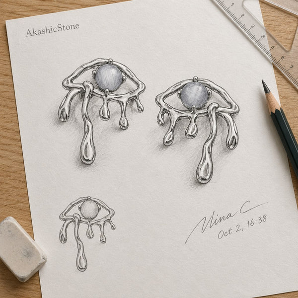 Gold Blue Cat's Eye Drip Earrings - Pencil sketch of the drop earring design, gold frame and blue stone, design drawing
