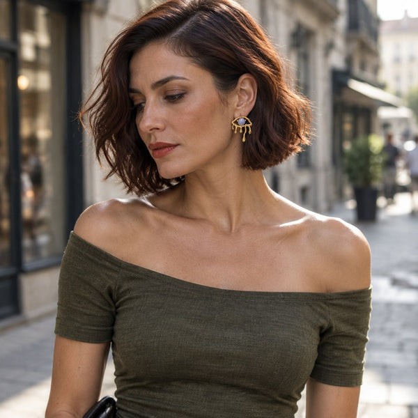 Gold Blue Cat's Eye Drip Earrings - Angled model shot of the drop profile and gold-plated edge, everyday styling