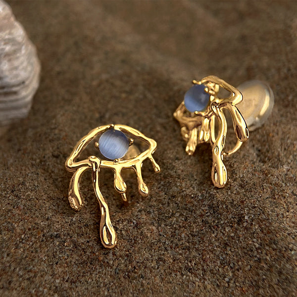 Gold Blue Cat's Eye Drip Earrings - Clip-on back variant, blue cat's eye stone in gold frame, unpierced earring