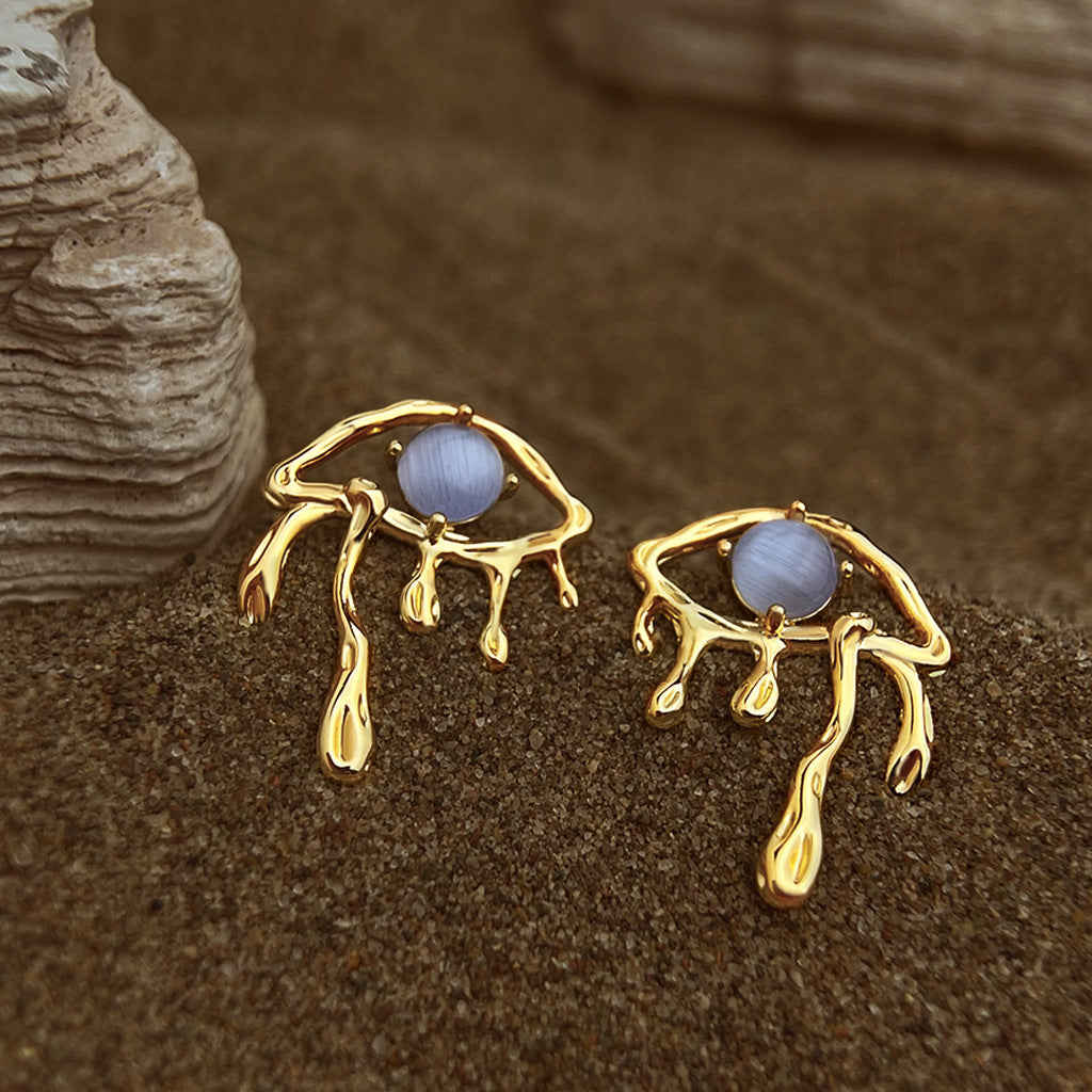 Gold Blue Cat's Eye Drip Earrings - 925 silver post variant, blue cat's eye stone in gold frame, pierced earring
