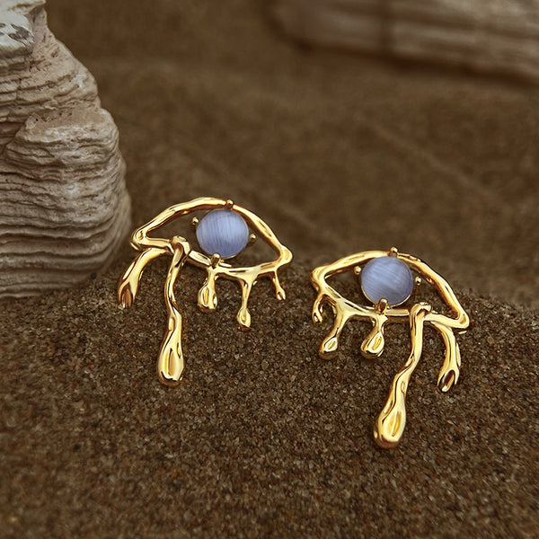 Gold Blue Cat's Eye Drip Earrings - 925 silver post variant, blue cat's eye stone in gold frame, pierced earring