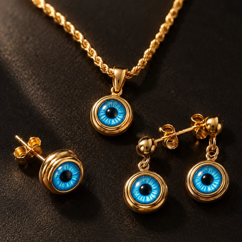 Gold Blue Evil Eye Jewelry Set – Detail of the blue eye motif and gold plating
