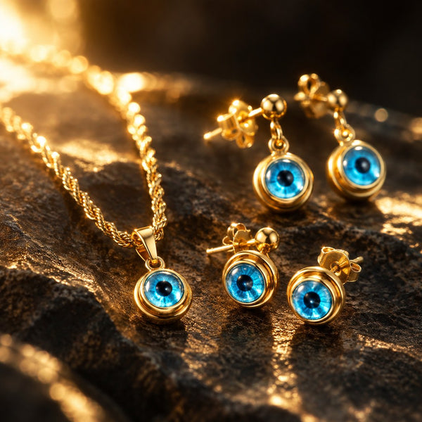 Gold Blue Evil Eye Jewelry Set – Close-up of the earrings and the twist chain links