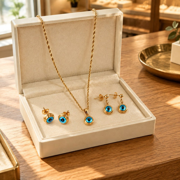 Gold Blue Evil Eye Jewelry Set – Styled with the necklace and earrings worn together