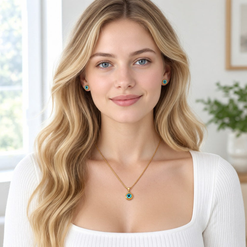 Gold Blue Evil Eye Jewelry Set | Necklace, Stud and Dangle Earrings Secondary image