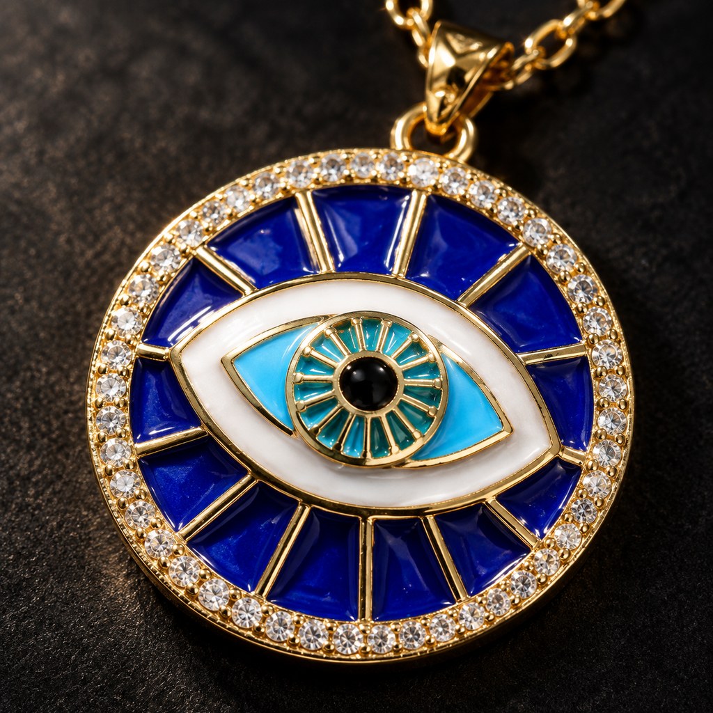 Gold Cable Navy Enamel Evil Eye Necklace – Macro of the navy enamel and white cubic zirconia stones