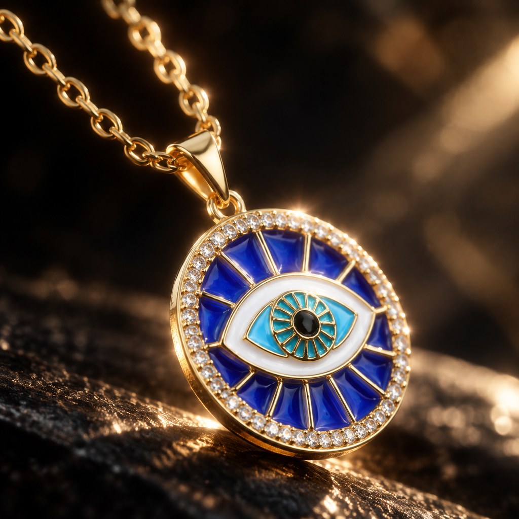 Gold Cable Navy Enamel Evil Eye Necklace – Close-up of the cable links and the pendant edge