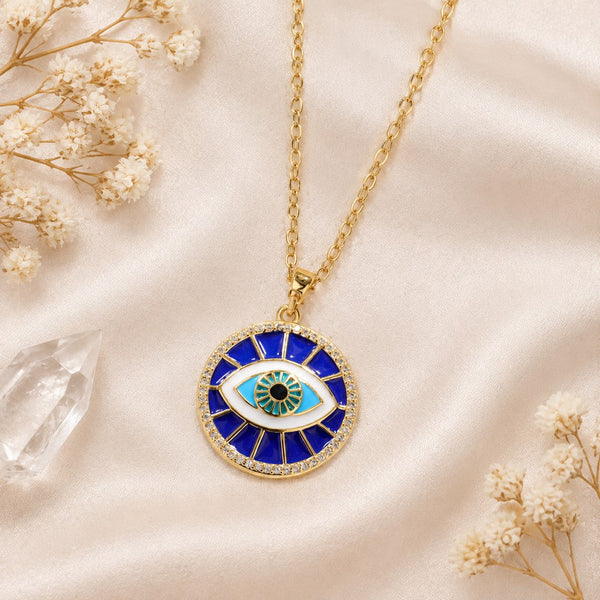 Gold Cable Navy Enamel Evil Eye Necklace – Flat lay of the cable chain, lobster clasp, extender and pendant