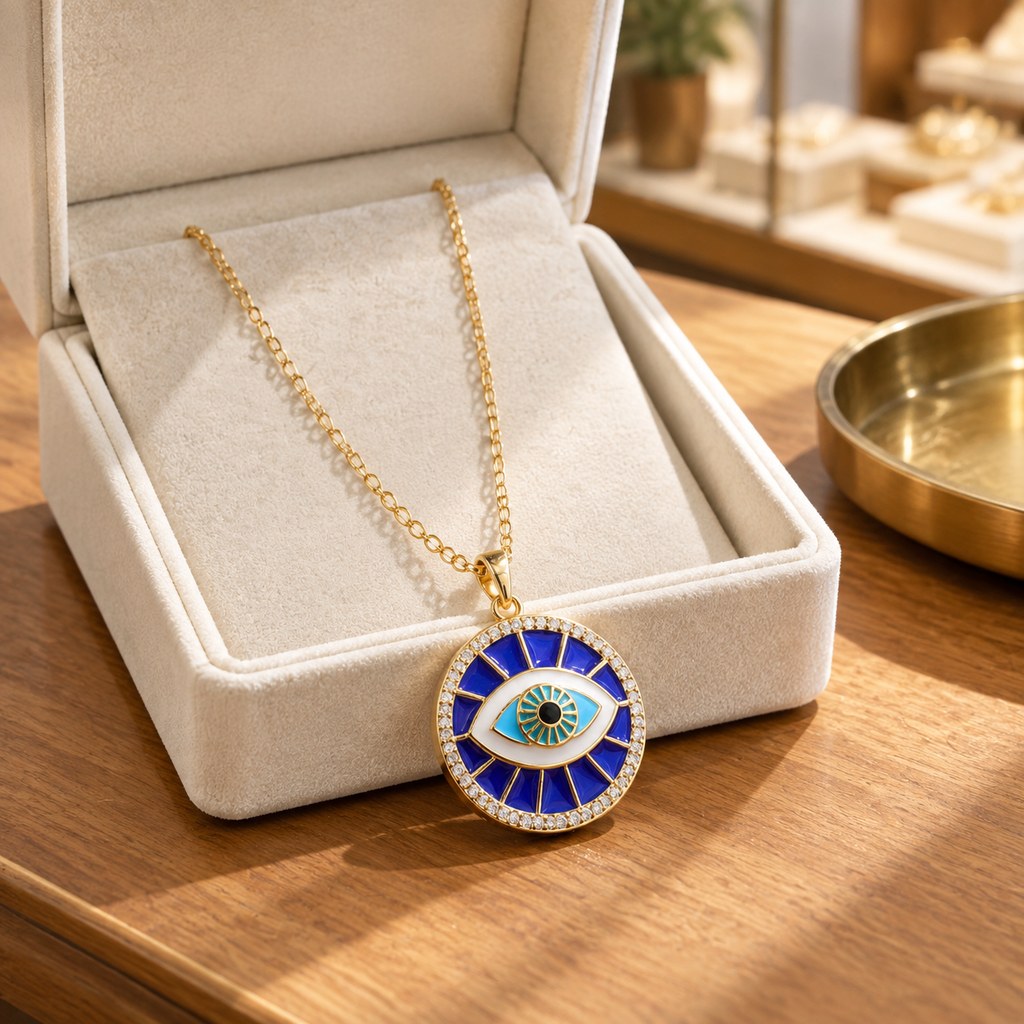 Gold Cable Navy Enamel Evil Eye Necklace – Styled on a neckline for an everyday look