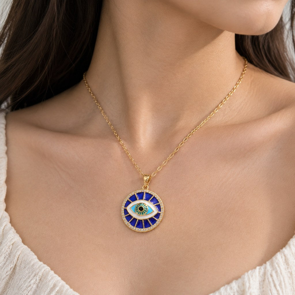 Gold Cable Navy Enamel Evil Eye Necklace – Neck close-up of the navy enamel evil eye pendant