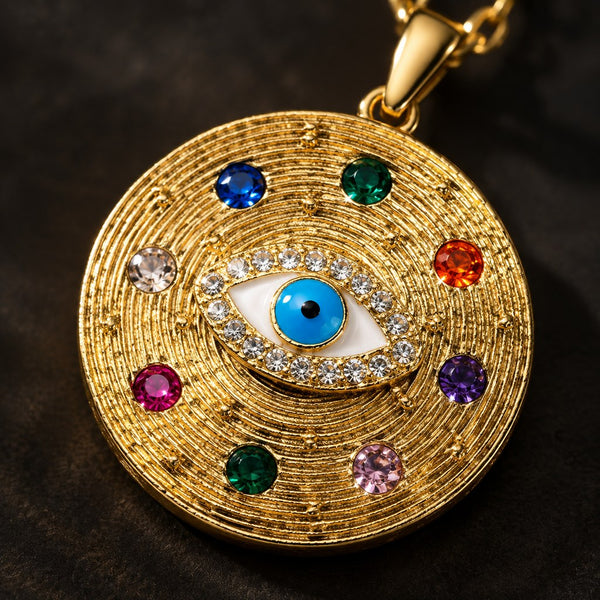 Gold Cable Ridged Multicolor Evil Eye Necklace – Macro of the segmented blue and white enamel ridges