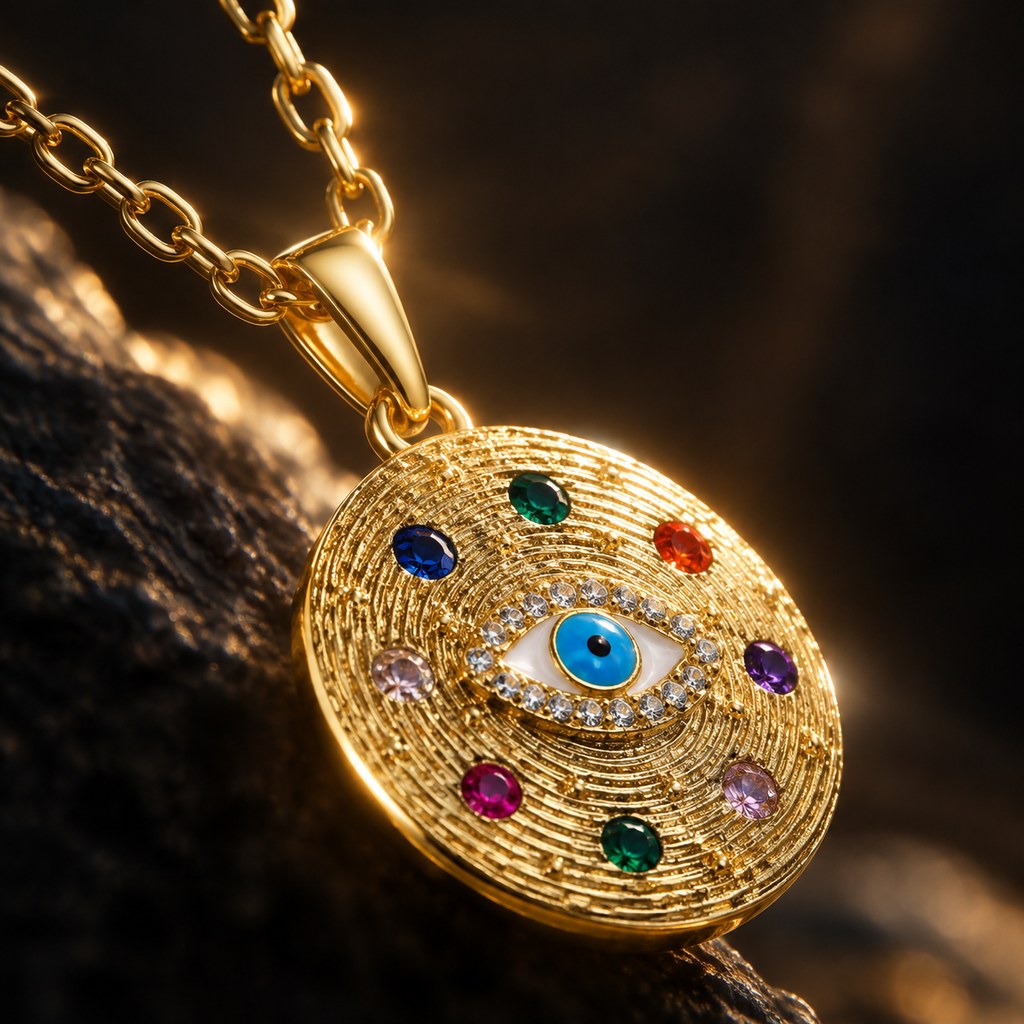 Gold Cable Ridged Multicolor Evil Eye Necklace – Close-up of the bezel-set stones and pendant edge