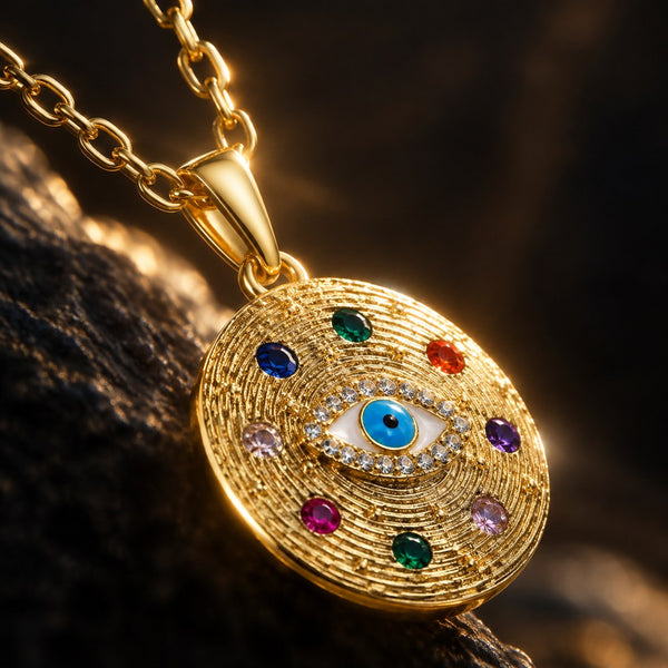 Gold Cable Ridged Multicolor Evil Eye Necklace – Close-up of the bezel-set stones and pendant edge