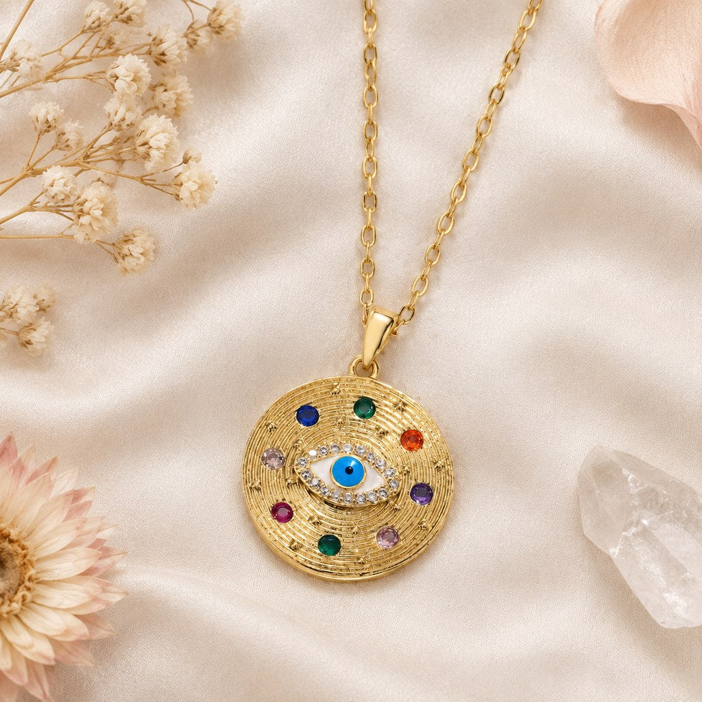 Gold Cable Ridged Multicolor Evil Eye Necklace – Flat lay of the chain, lobster clasp, extender and pendant