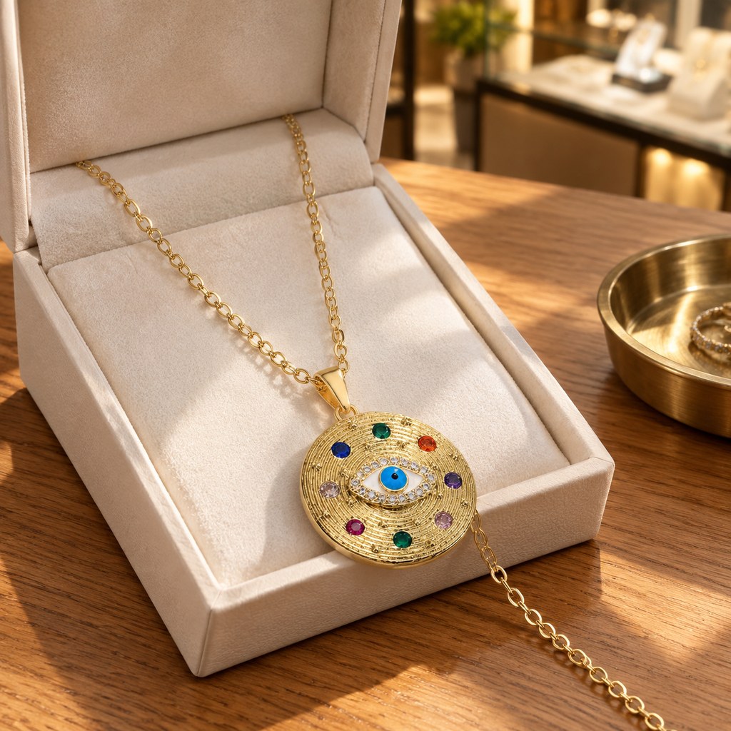 Gold Cable Ridged Multicolor Evil Eye Necklace – Styled on a neckline for an everyday look