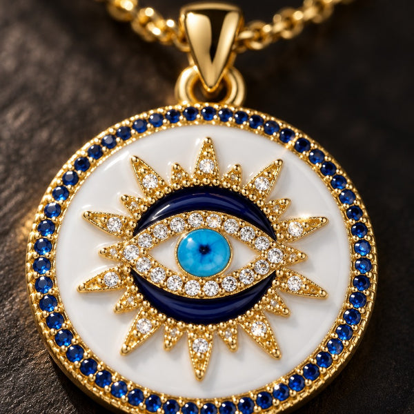 Gold Enamel Sunburst Evil Eye Necklace – Macro of white enamel field, gold sunburst rays and navy lids