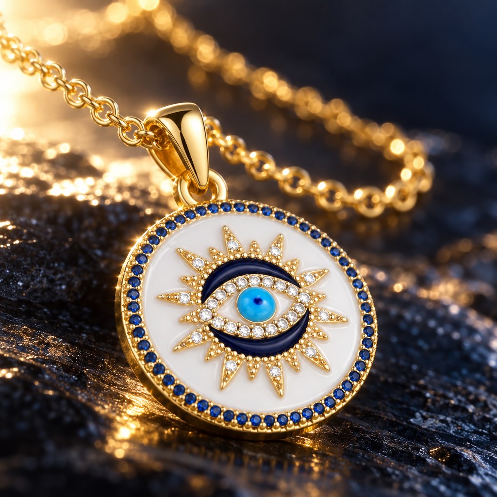 Gold Enamel Sunburst Evil Eye Necklace – Macro of turquoise centre, white CZ lids and blue CZ rim