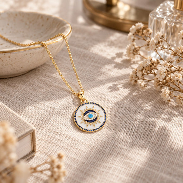Gold Enamel Sunburst Evil Eye Necklace – Linen table styling with ceramic dish, dried flowers and enamel disc