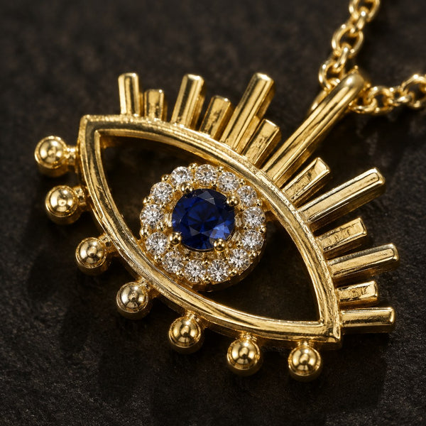 Gold Evil Eye Lash Necklace – Macro of openwork gold eye, upper lash bars and hanging bead drops