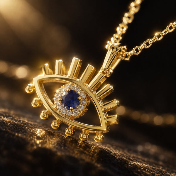 Gold Evil Eye Lash Necklace – Detail of prong-set blue centre, white CZ halo and gold cable chain
