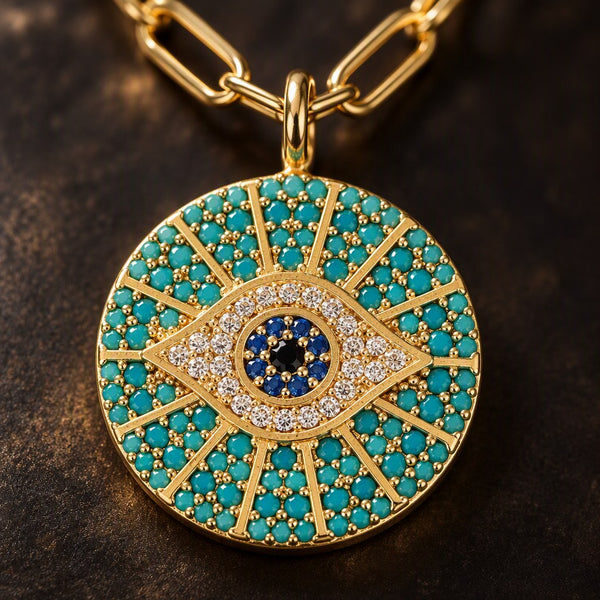 Gold Paperclip Turquoise Sunburst Evil Eye Necklace – Macro of the turquoise crystals and the evil eye centre