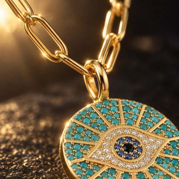Gold Paperclip Turquoise Sunburst Evil Eye Necklace – Close-up of the paperclip links and the pendant edge