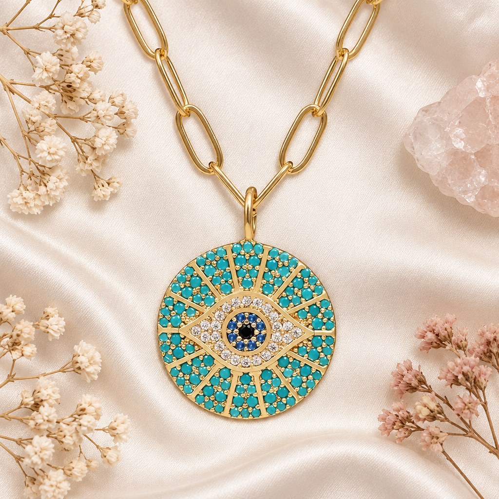 Gold Paperclip Turquoise Sunburst Evil Eye Necklace – Flat lay of the paperclip chain, clasp, extender and pendant