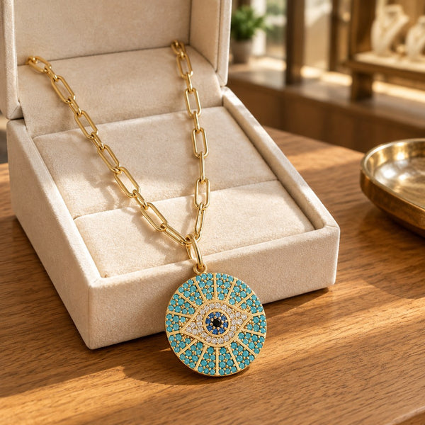 Gold Paperclip Turquoise Sunburst Evil Eye Necklace – Styled on a neckline for an everyday layered look